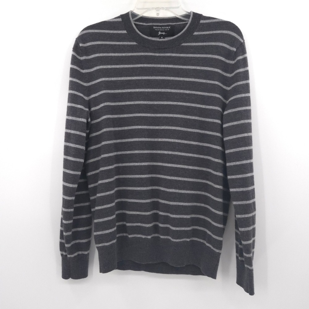 Banana Republic Italian Baruffa merino wool Sweater Mens M Gray Striped Crewneck